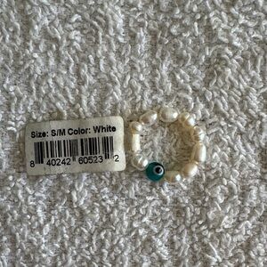 Little Words Project White Pearl Beaded Ring with Blue Evil Eye